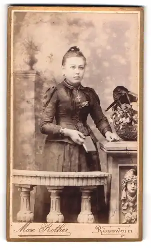 Fotografie Max Rother, Rosswein, am Markt, Portrait junge Dame mit Buch im edlen Kleid