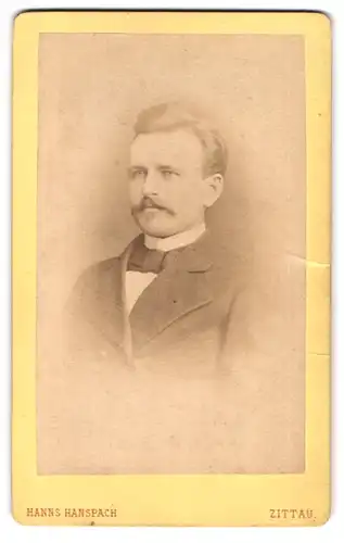 Fotografie Hanns Hanspach, Zittau, am Stadtbad No. 7, Portrait eleganter Herr mit Schnauzbart und Anzug