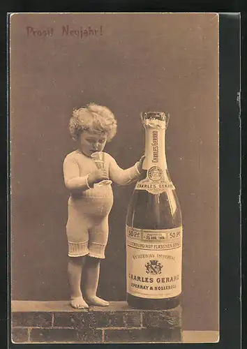 AK Kind mit Sektglas- und Flasche Charles Gerard, Neujahrsgruss