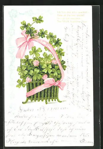 AK Kleeblätter im Korb mit Schleife