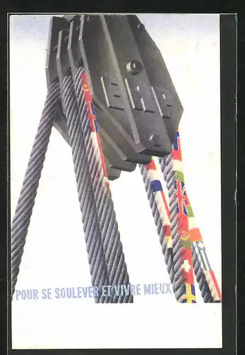 AK Pour se soulever et vivre mieux, Zugseil mit Fahnen europäischer Staaten