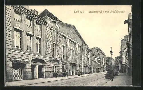 AK Lübeck, Strasse Beckergrube mit Stadttheater
