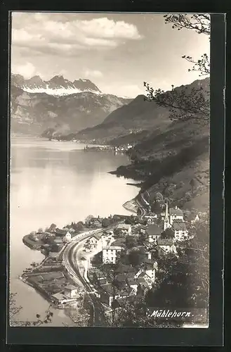 AK Mühlehorn, Ortsansicht am Wasser mit Bergen in der Ferne