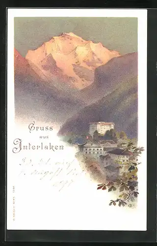 Lithographie Interlaken, Häuser mit Blick auf Berg im Abendlicht