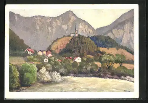 Künstler-AK Reichenau /Graubünden, Blick auf kleinen Ort mit Kirche