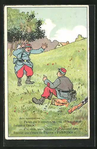 AK Zwei Soldaten in Uniform auf einer Wiese, Reklame für Tapioca Parboma