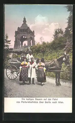 AK Porta-Westfalica, Die lustigen Bauern auf der Fahrt von Porta-Westfalica über Berlin nach Wien, Expedition