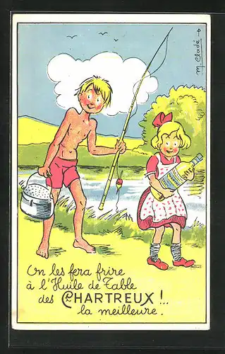 Künstler-AK Les Chartreux, Angler und Mädchen mit Ölflasche, Reklame für Huile de Table des Chartreux