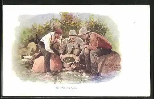 Präge-AK Goldsucher werden fündig, Panning Gold