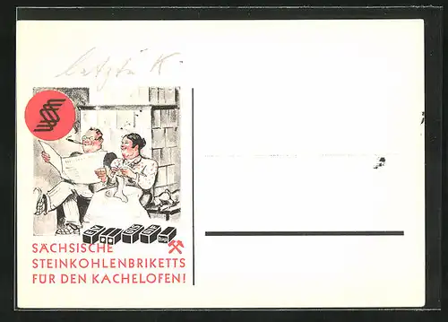 AK Reklame für Sächsische Steinkohlebriketts für den Kachelofen