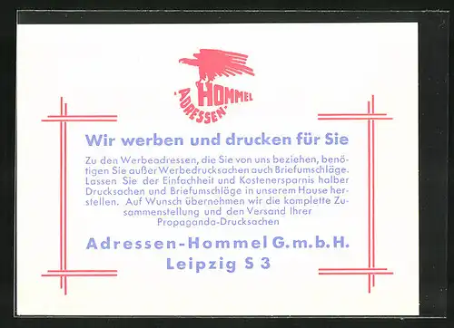 AK Reklame für Werbe- und Druck-Agentur Adressen-Hommel aus Leipzig