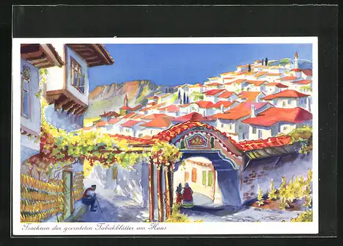 Künstler-AK Dupniza /Bulgarien, Trocknen der Tabakblätter am Haus