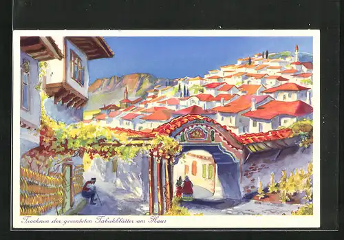 Künstler-AK Dupniza /Bulgarien, Trocknen der geernteten Tabakblätter am Haus