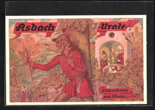 Künstler-AK Rüdesheim am Rhein, Asbach Uralt, Reklame
