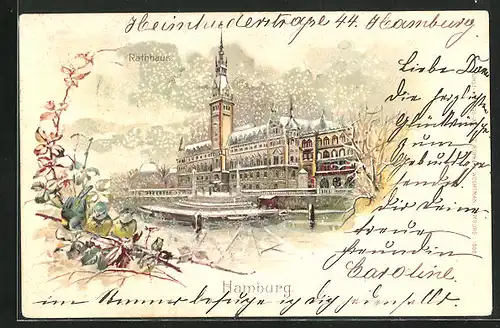 Lithographie Hamburg, Winterimpression vom Rathaus im Schnee