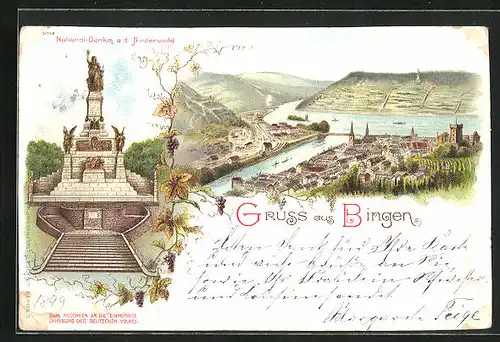 Lithographie Bingen, Ortspartie und Nationaldenkmal auf dem Niederwald