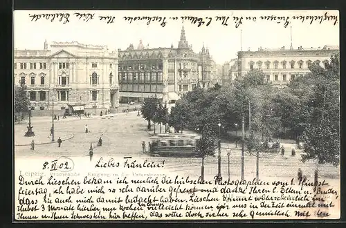 AK Leipzig, Promenade mit Strassenbahn und Passanten, Eingang Peterstrasse