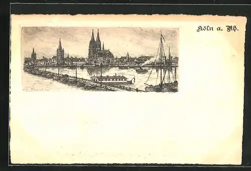 Künstler-AK Köln, Blick über den Rhein auf Dom