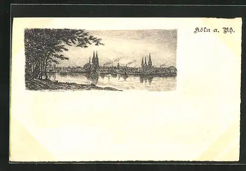 Künstler-AK Köln, Blick über den Rhein auf Dom