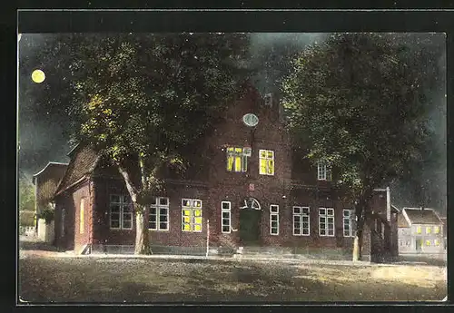 Künstler-AK Lütjenburg, Rathaus bei Vollmond
