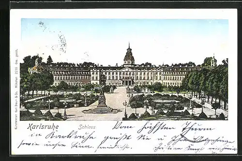 Goldfenster-AK Karlsruhe, Schloss mit leuchtenden Fenstern