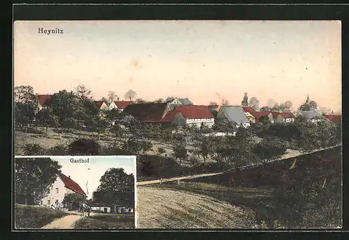 AK Heynitz, Gasthof und Ortsansicht bei Dämmerung