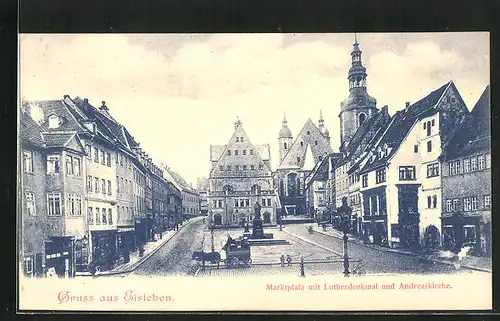 AK Eisleben, Marktplatz mit Lutherdenkmal und Andreaskirche