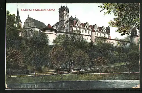Relief-AK Schwarzenberg b. Scheinfeld, Schloss mit Gartenalange und Gewässer