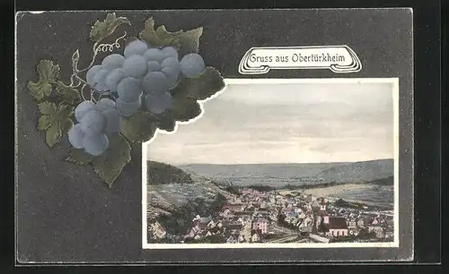 AK Obertürkheim, Totalansicht aus der Vogelschau, Weintrauben