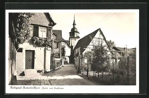 AK Stuttgart-Untertürkheim, Gasse mit Kirchturm