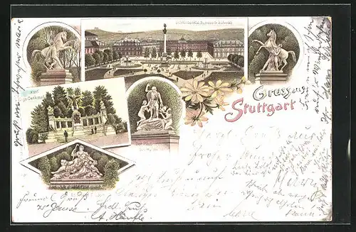 Lithographie Stuttgart, Schlossplatz m. neuem Schloss, Der Raub des Hylas, Karl-Olga-Denkmal