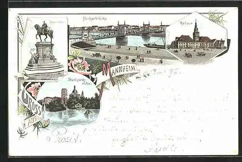 Lithographie Mannheim, Stadtpark-See, Kaiserdenkmal, Neckarbrücke