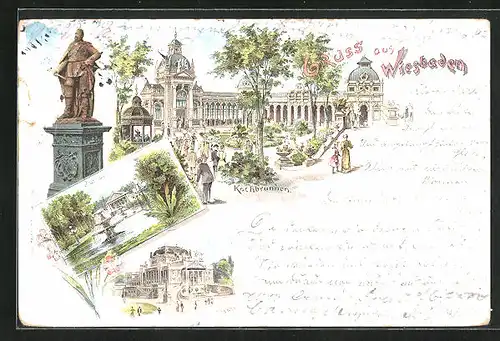 Lithographie Wiesbaden, Kochbrunnen, Kurhaus, Kgl. Theater