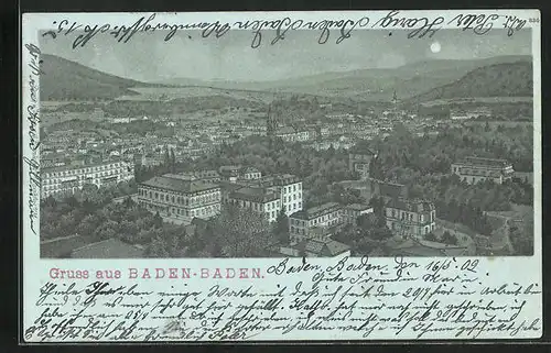 Mondschein-Lithographie Baden-Baden, Totalansicht mit Gebirgslandschaft