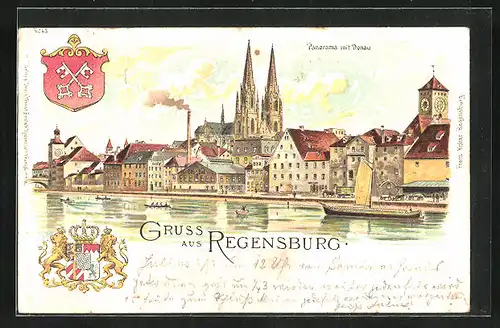 Lithographie Regensburg, Panorama mit Donau, Wappen