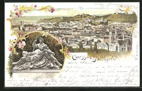 Lithographie Stuttgart, Blick über die Stadt, Eberhards-Gruppe