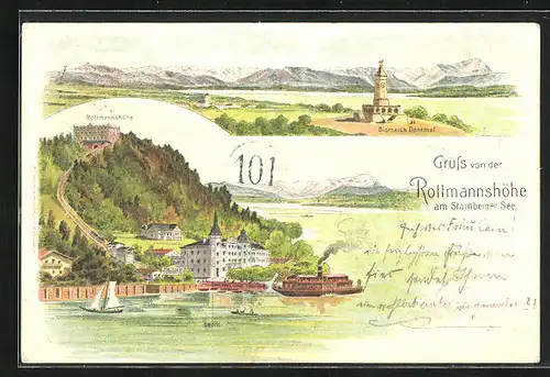 Lithographie Berg-Leoni /Starnberger See, Dampfer am Anleger und Rottmannshöhe, Bismarck Denkmal