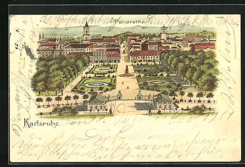 Lithographie Karlsruhe, Blick vom Schloss über die Stadt
