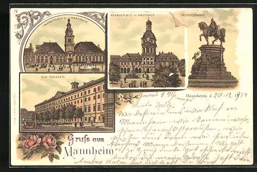 Lithographie Mannheim, Paradeplatz und Kaufhaus, Hoftheater
