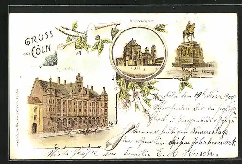 Lithographie Köln, Reichsbank, Apostelnkirche, Friedrich Wilhelm III. Denkmal