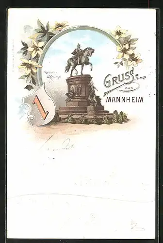 Lithographie Mannheim, Kaiser-Denkmal, Wappen mit Wolfsangel
