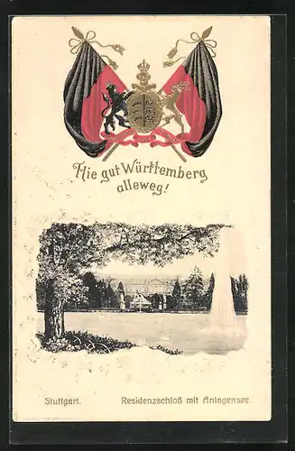 Präge-AK Stuttgart, Residenzschloss mit Anlagensee, Fahnen und Wappen