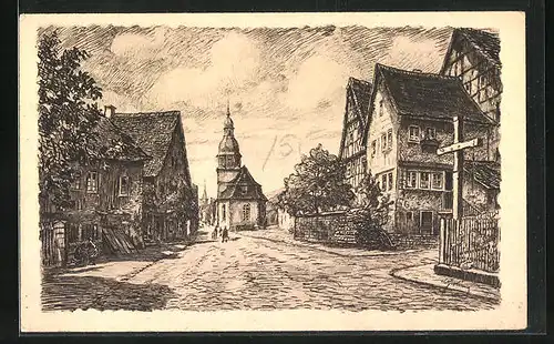 Künstler-AK Neustadt i. Odw., Strassenpartie mit evangelischer Kirche