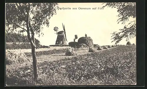 AK Oevenum / Föhr, Dorfpartie mit Windmühle