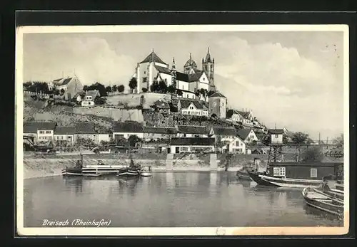 AK Breisach, Rheinhafen mit Booten und Kirche