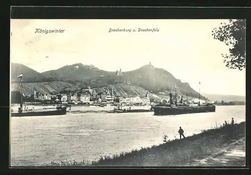 AK Königswinter, Dampfer vor Drachenburg und Drachenfels