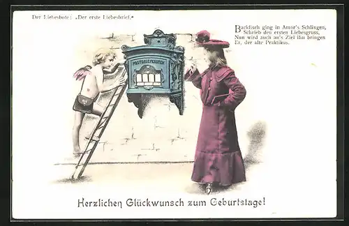 AK Amor mit Leiter am Postbriefkasten und Frau, Geburtstagsgruss