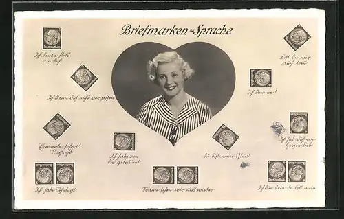 AK Briefmarkensprache, Ich komme!, Ewarte sorfort Nachricht, Ich bin dein du bist mein, Blondes Fräulein im Herz