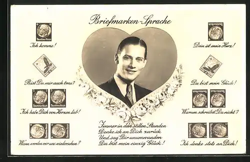AK Briefmarkensprache, Ich komme!, Dein ist mein Herz!, Du bist mein Glück!, Herr im Anzug im Herz