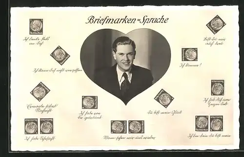 AK Briefmarkensprache, Ich komme!, Du bist mein Glück, Ich habe von dir geträumt, Herr im Anzug im Herz
